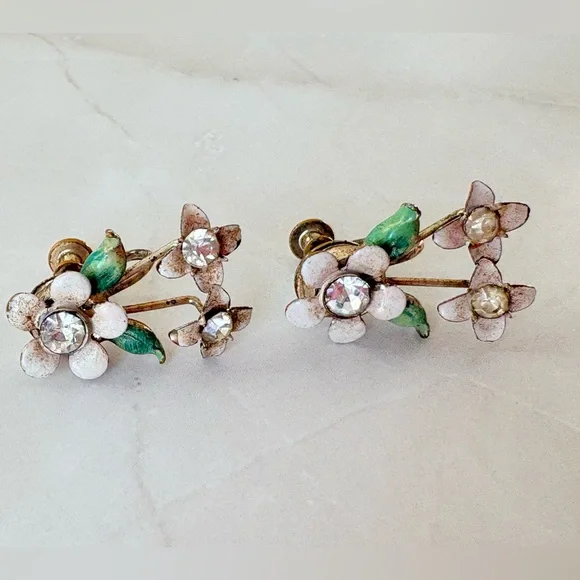 Vintage Flower Rhinestone Pink Flower Screwback Pierceless Statement Earrings - Picture 4 of 6